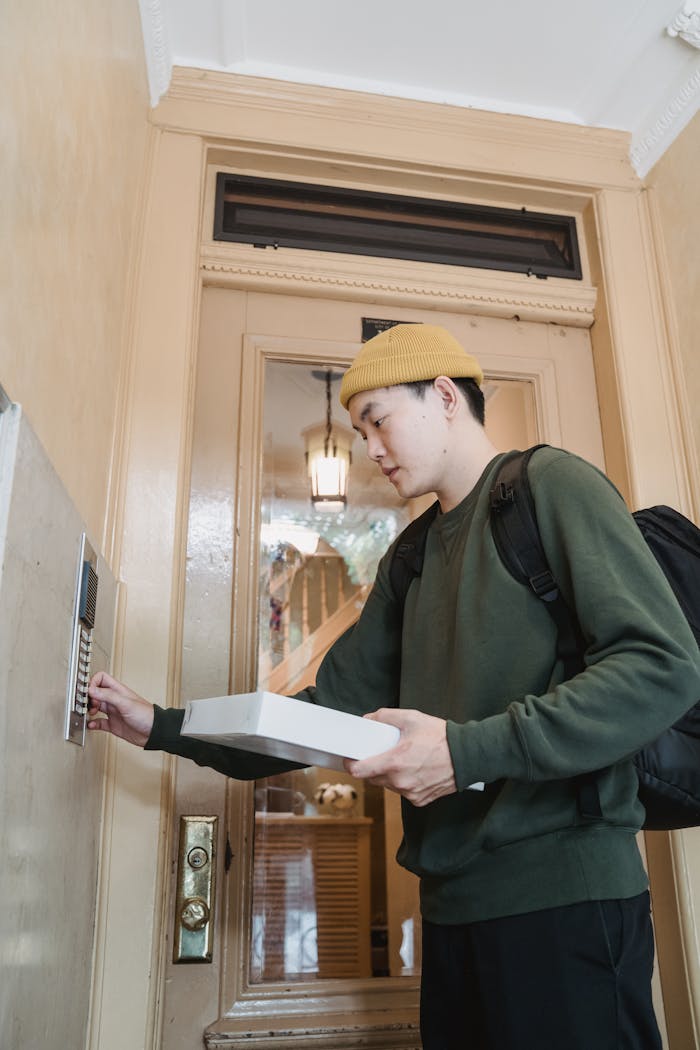 A man in a beanie delivering a package and pressing the doorbell.